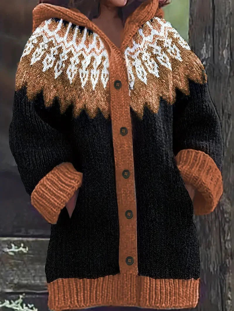Women's knit hooded mid-length Fair Isle pattern cardigan sweater with button front – Brown