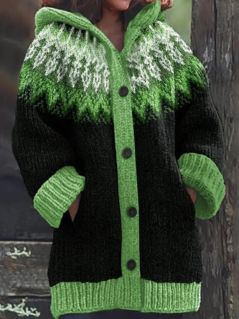 Women's knit hooded mid-length Fair Isle pattern cardigan sweater with button front – Green