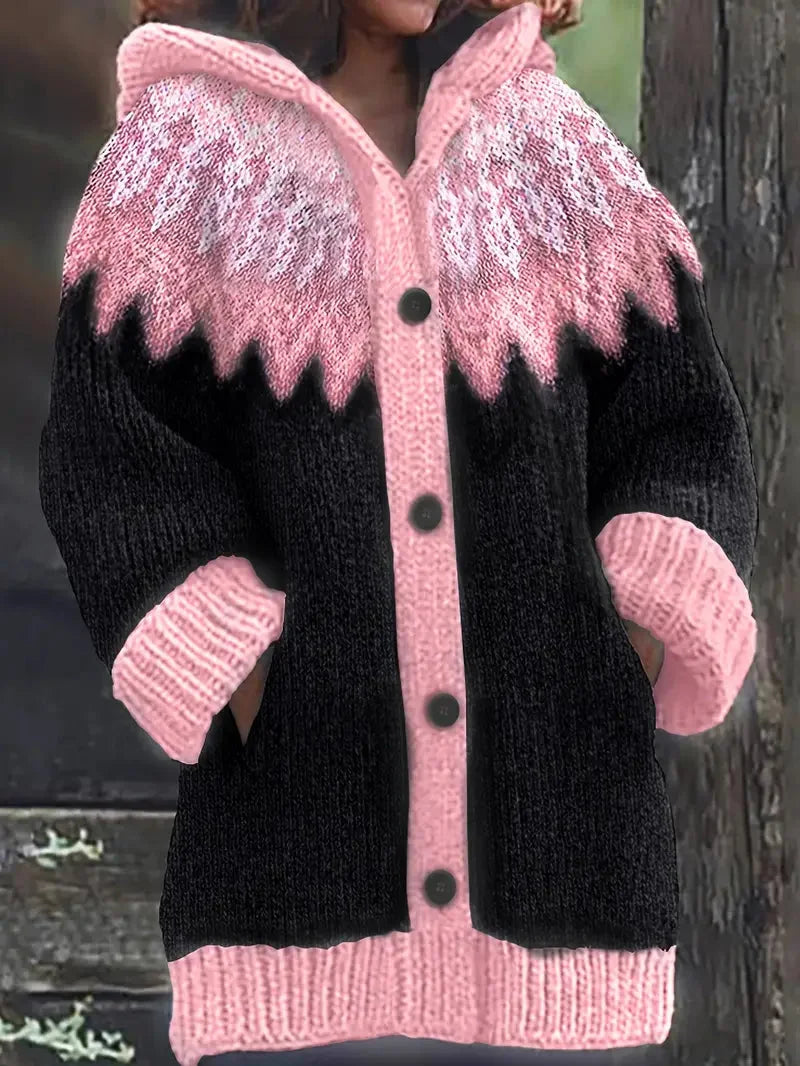 Women's knit hooded mid-length Fair Isle pattern cardigan sweater with button front – Pink