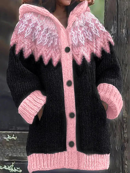 Women's knit hooded mid-length Fair Isle pattern cardigan sweater with button front – Pink
