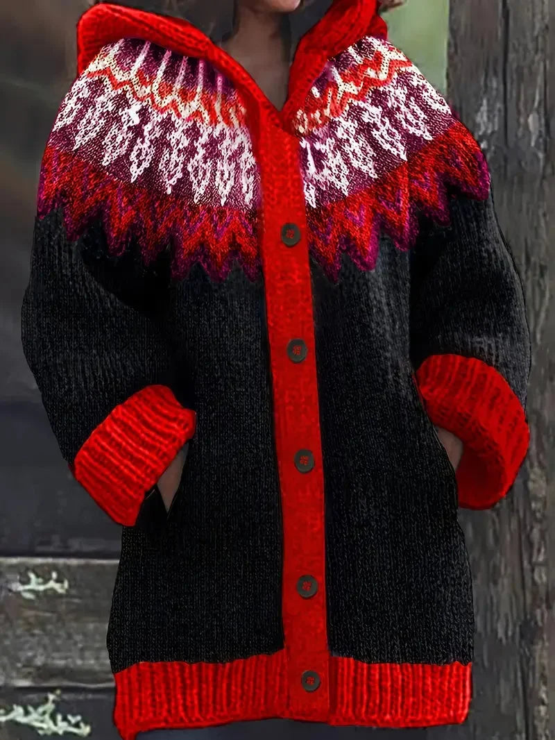 Women's knit hooded mid-length Fair Isle pattern cardigan sweater with button front – Red