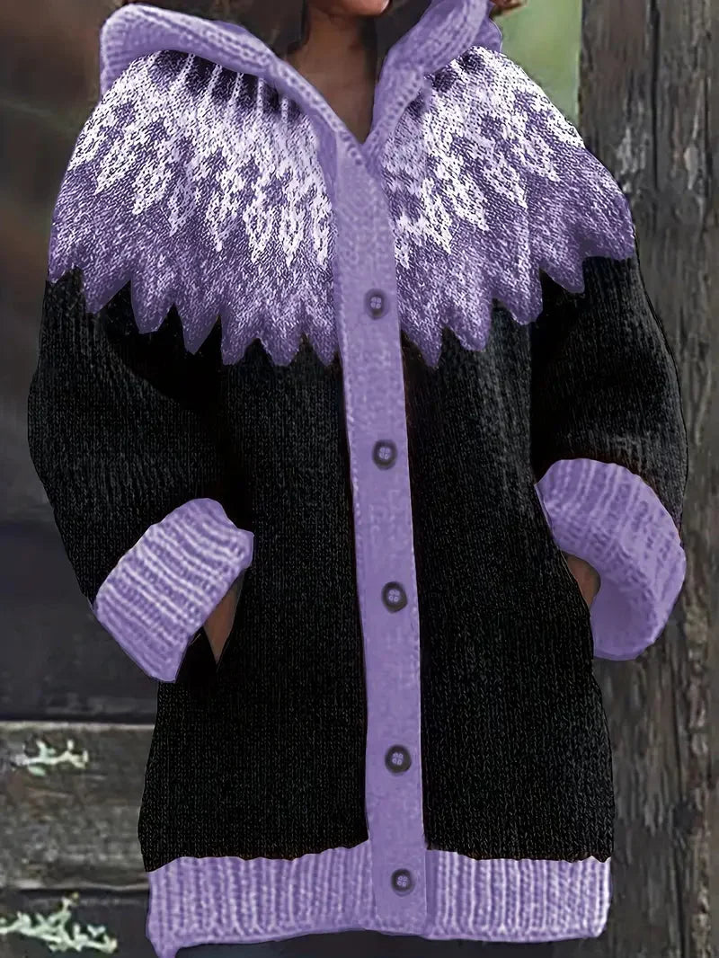 Women's knit hooded mid-length Fair Isle pattern cardigan sweater with button front – Violet