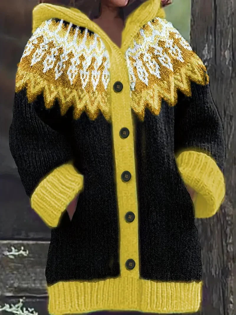 Women's knit hooded mid-length Fair Isle pattern cardigan sweater with button front – Yellow
