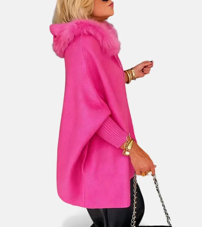 Women's knit hooded cardigan with full-zip, fur-trim and patch pockets