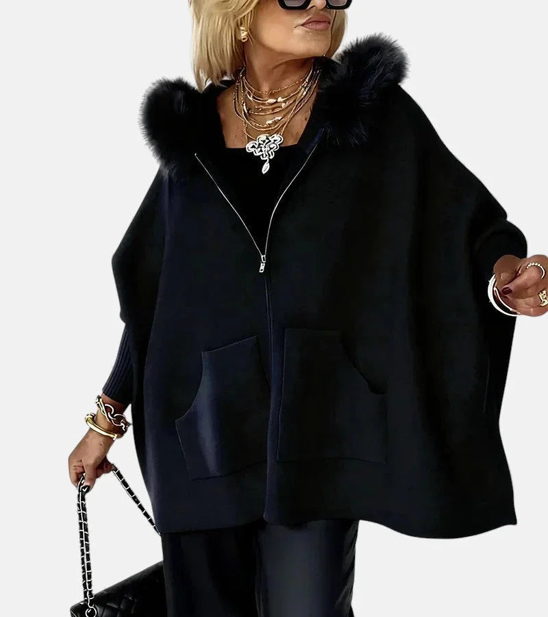 Women's knit hooded cardigan with full-zip, fur-trim and patch pockets – Black