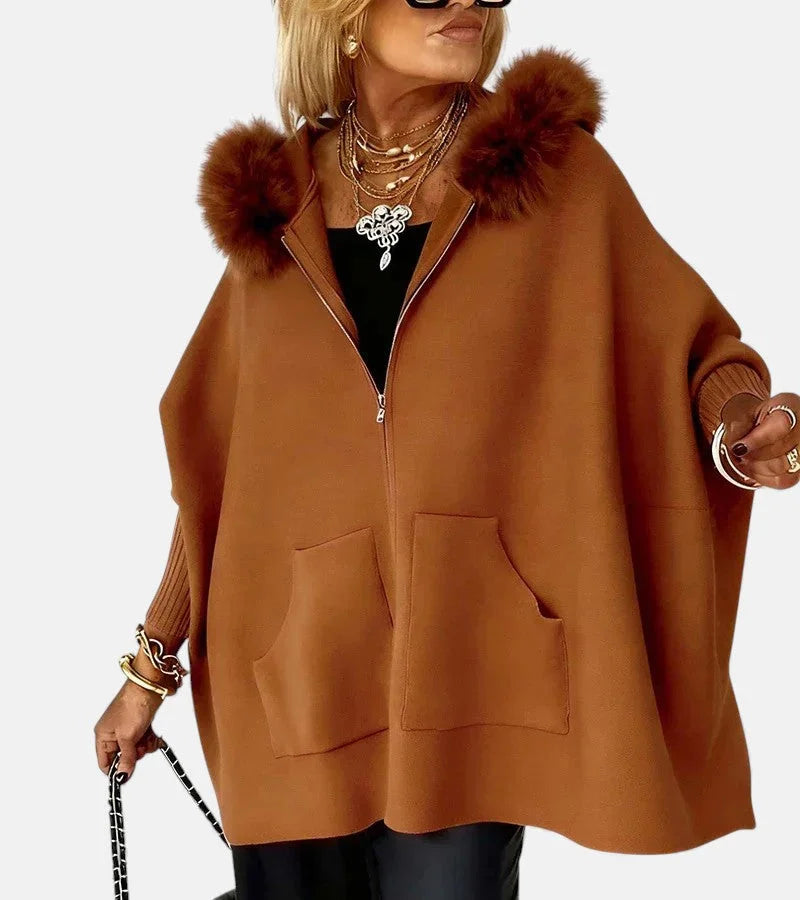 Women's knit hooded cardigan with full-zip, fur-trim and patch pockets – Caramel