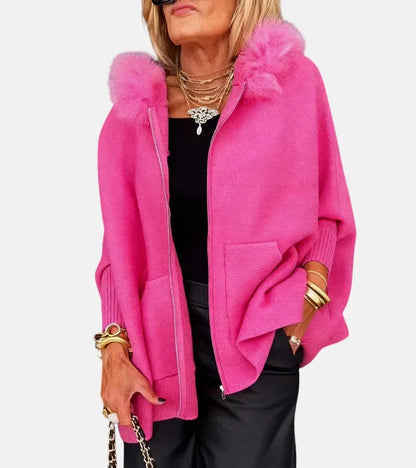 Women's knit hooded cardigan with full-zip, fur-trim and patch pockets