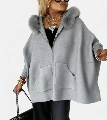 Women's knit hooded cardigan with full-zip, fur-trim and patch pockets – Grey