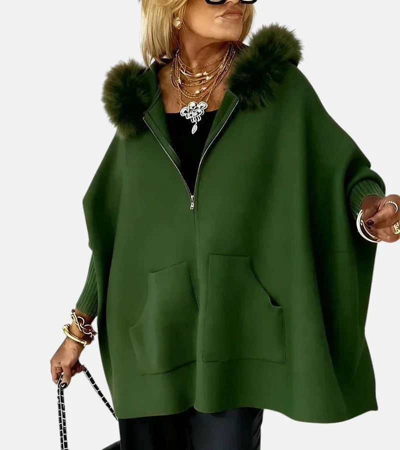 Women's knit hooded cardigan with full-zip, fur-trim and patch pockets – Green