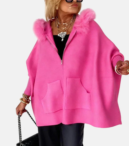 Women's knit hooded cardigan with full-zip, fur-trim and patch pockets – Pink