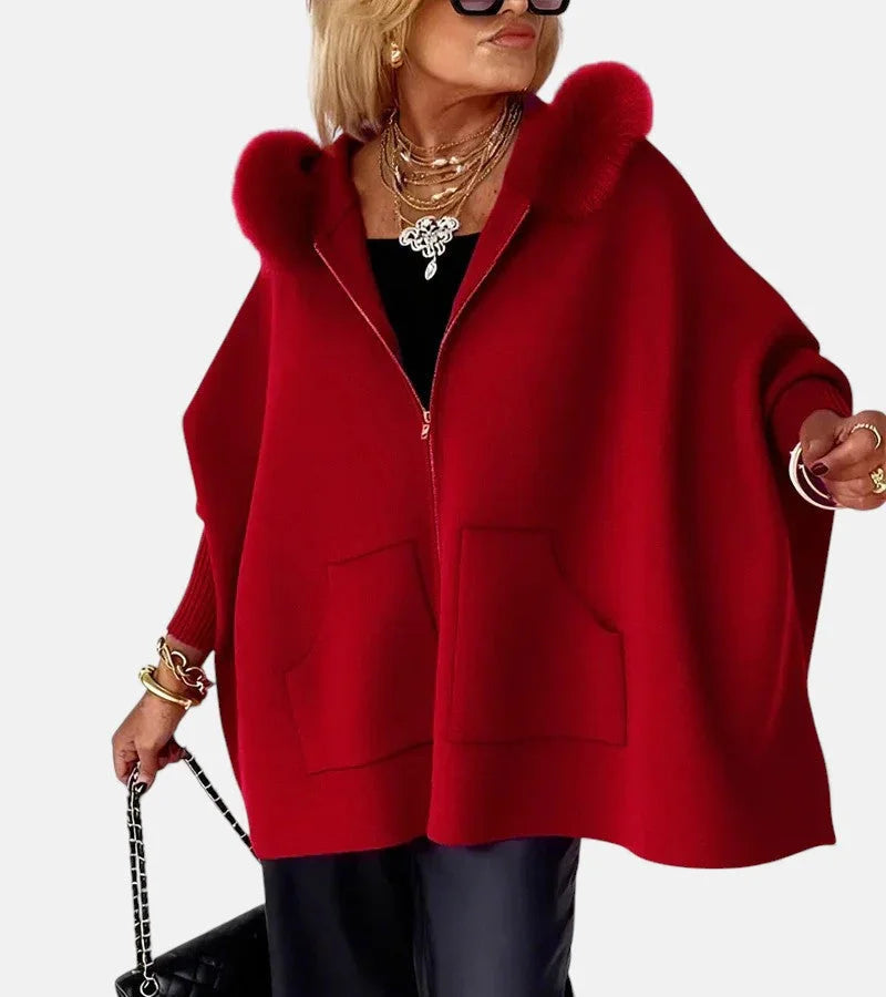 Women's knit hooded cardigan with full-zip, fur-trim and patch pockets – Red