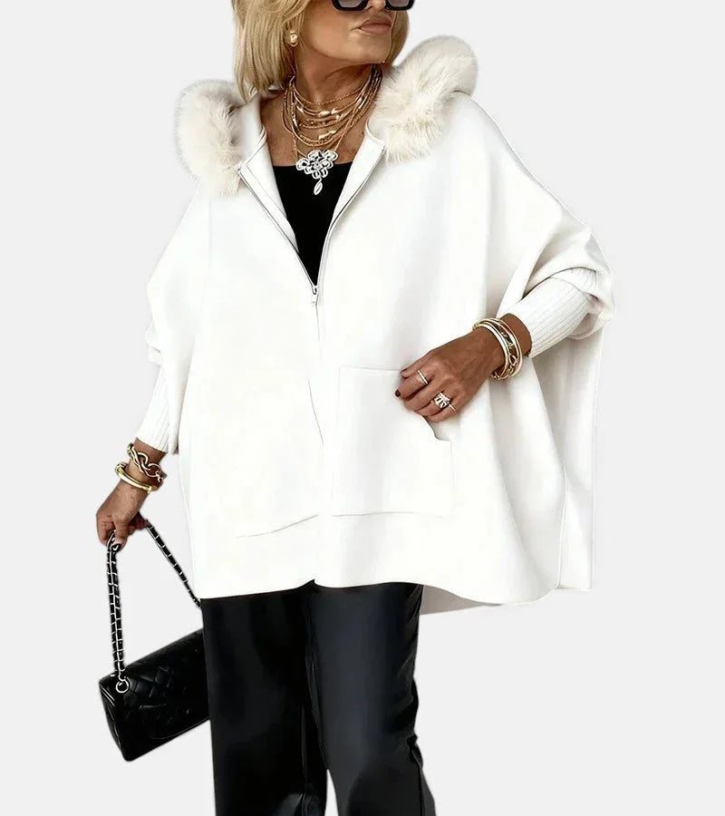 Women's knit hooded cardigan with full-zip, fur-trim and patch pockets – White
