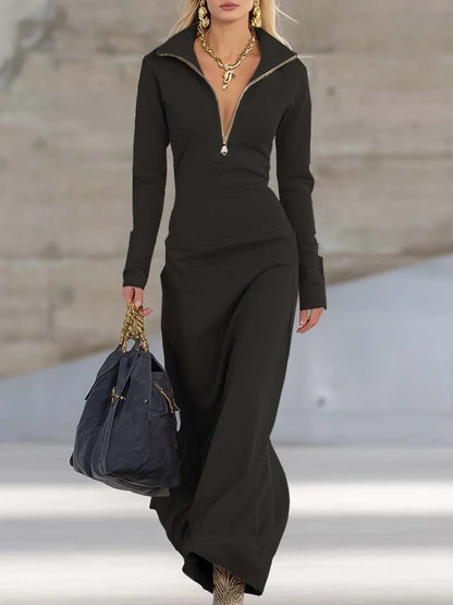 Women's knit hooded zip-front maxi dress with long sleeves – Black