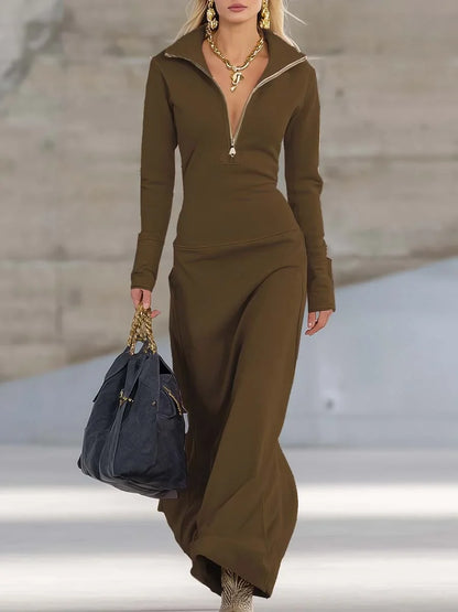 Women's knit hooded zip-front maxi dress with long sleeves – Brown