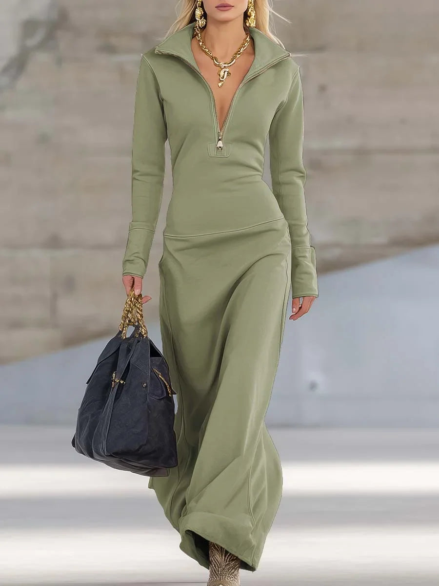Women's knit hooded zip-front maxi dress with long sleeves – Green