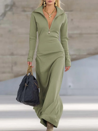 Women's knit hooded zip-front maxi dress with long sleeves – Green