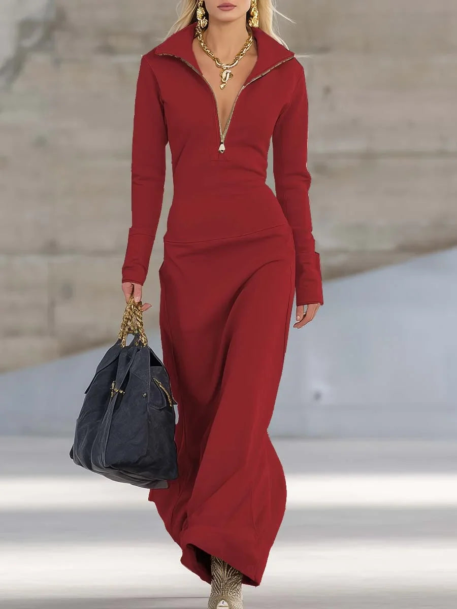 Women's knit hooded zip-front maxi dress with long sleeves – Red