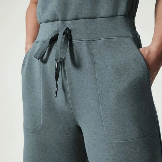 Women's knit jumpsuit women with sleeveless drawstring-waist and wide-leg design