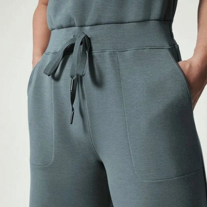 Women's knit jumpsuit women with sleeveless drawstring-waist and wide-leg design