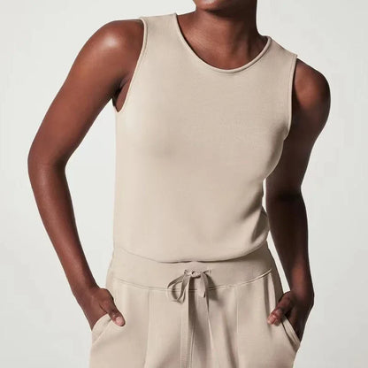 Women's knit jumpsuit women with sleeveless drawstring-waist and wide-leg design