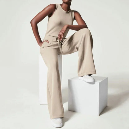 Women's knit jumpsuit women with sleeveless drawstring-waist and wide-leg design