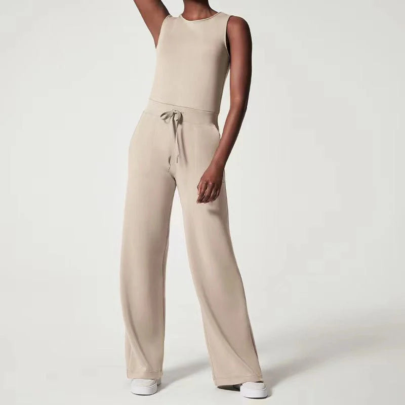 Women's knit jumpsuit women with sleeveless drawstring-waist and wide-leg design – Beige