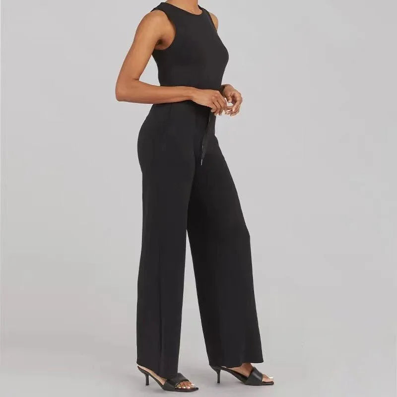 Women's knit jumpsuit women with sleeveless drawstring-waist and wide-leg design – Black