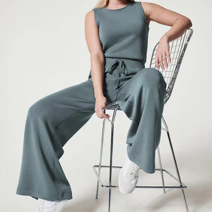 Women's knit jumpsuit women with sleeveless drawstring-waist and wide-leg design – Blue