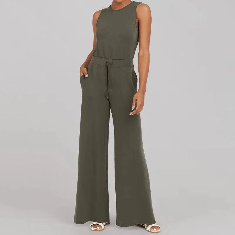 Women's knit jumpsuit women with sleeveless drawstring-waist and wide-leg design – Dark green