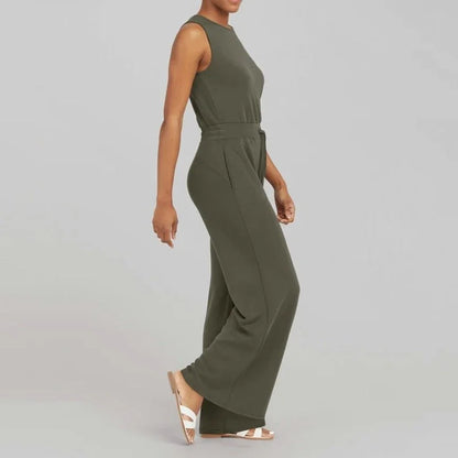 Women's knit jumpsuit women with sleeveless drawstring-waist and wide-leg design