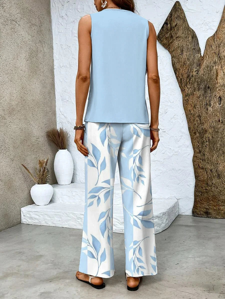 Women's knit leaf print wide-leg matching set with square neck layered top