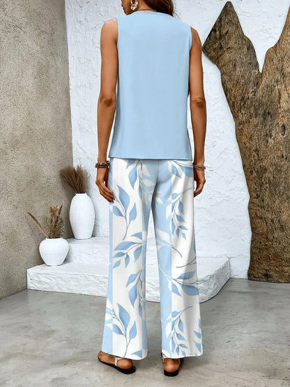 Women's knit leaf print wide-leg matching set with square neck layered top