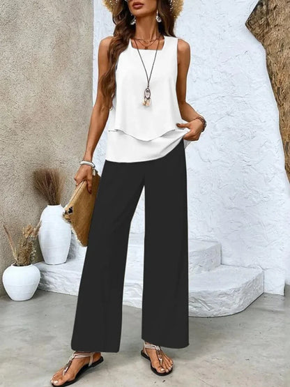 Women's knit leaf print wide-leg matching set with square neck layered top – Black