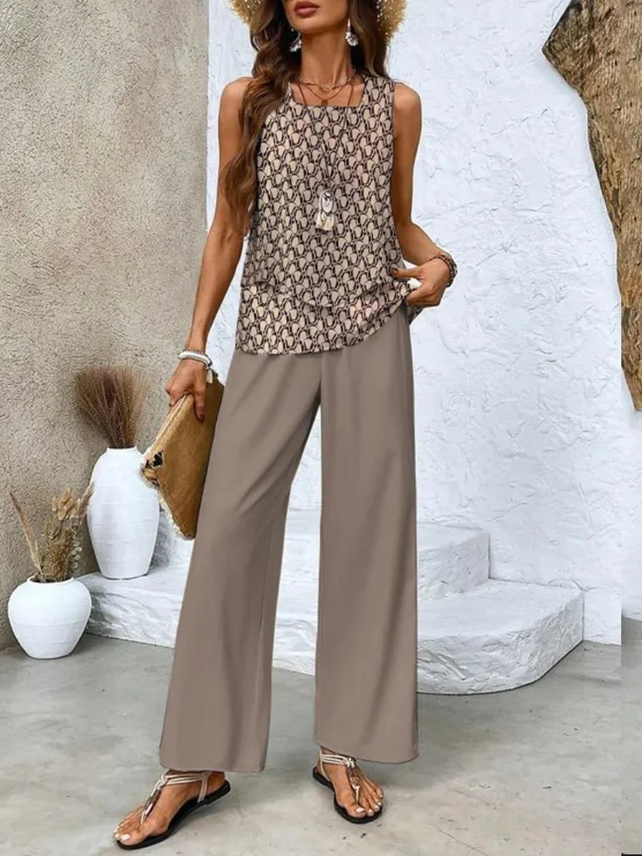 Women's knit leaf print wide-leg matching set with square neck layered top – Brown