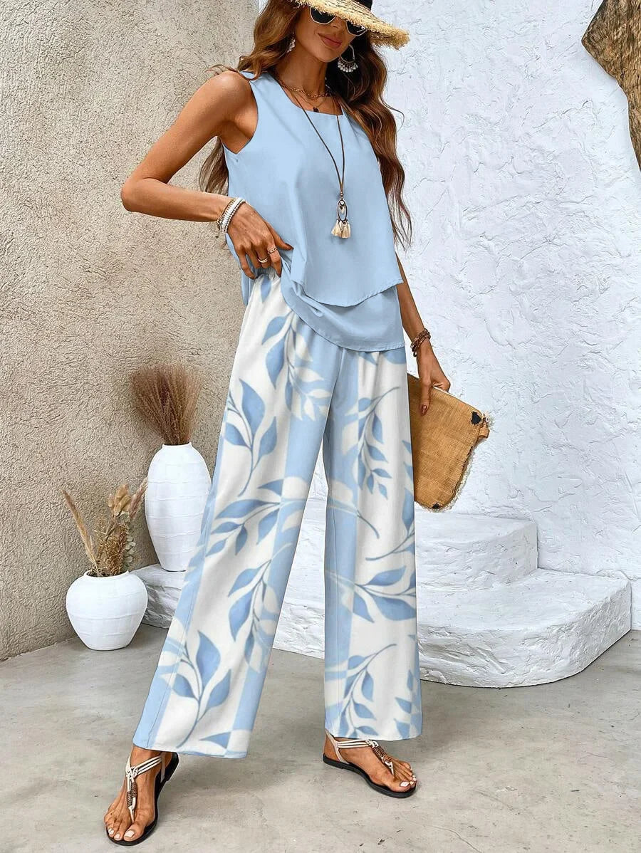 Women's knit leaf print wide-leg matching set with square neck layered top