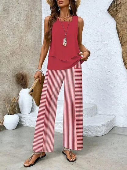 Women's knit leaf print wide-leg matching set with square neck layered top – Red