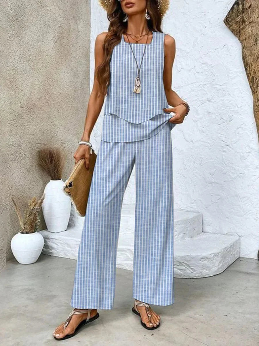 Women's knit leaf print wide-leg matching set with square neck layered top – Stripes