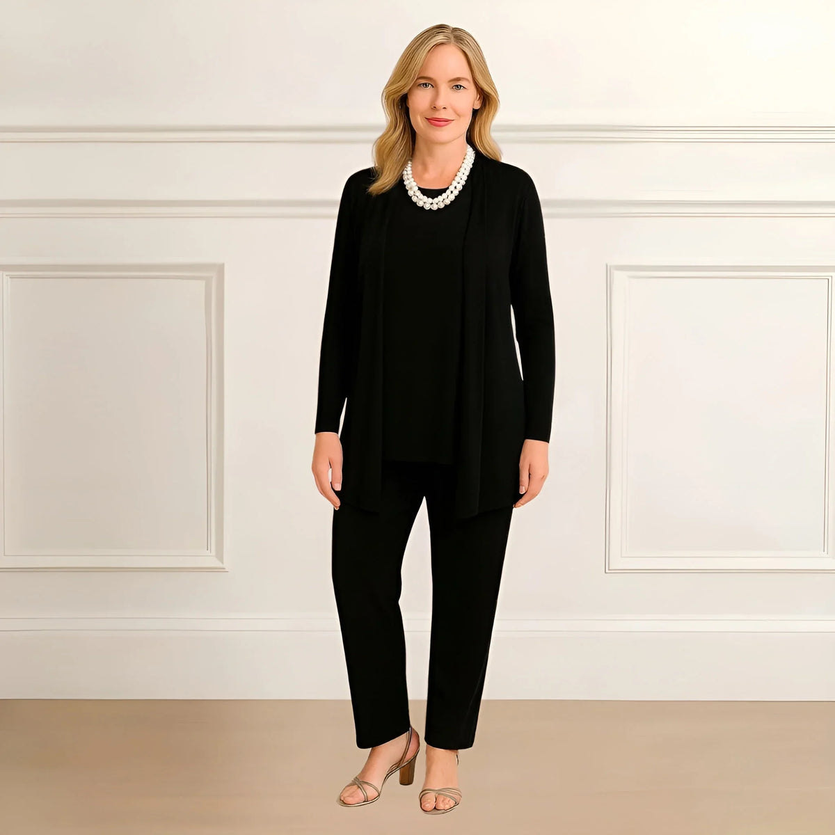 Women's knit long cardigan sweater and pants set with open-front style – Black