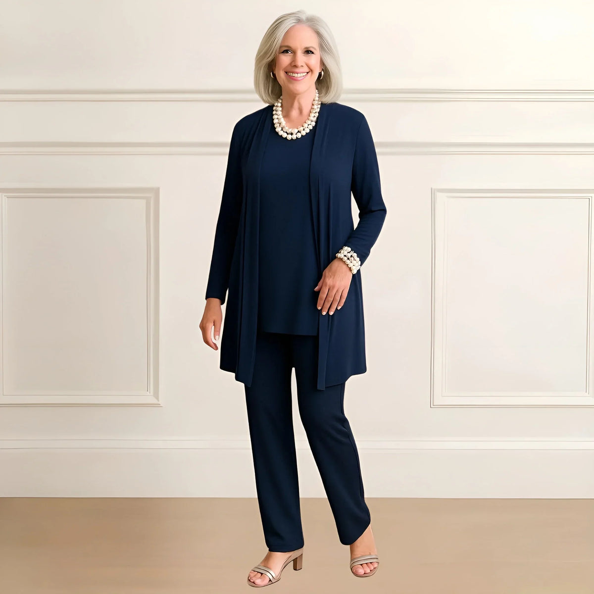 Women's knit long cardigan sweater and pants set with open-front style – Blue