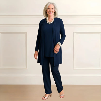 Women's knit long cardigan sweater and pants set with open-front style – Blue