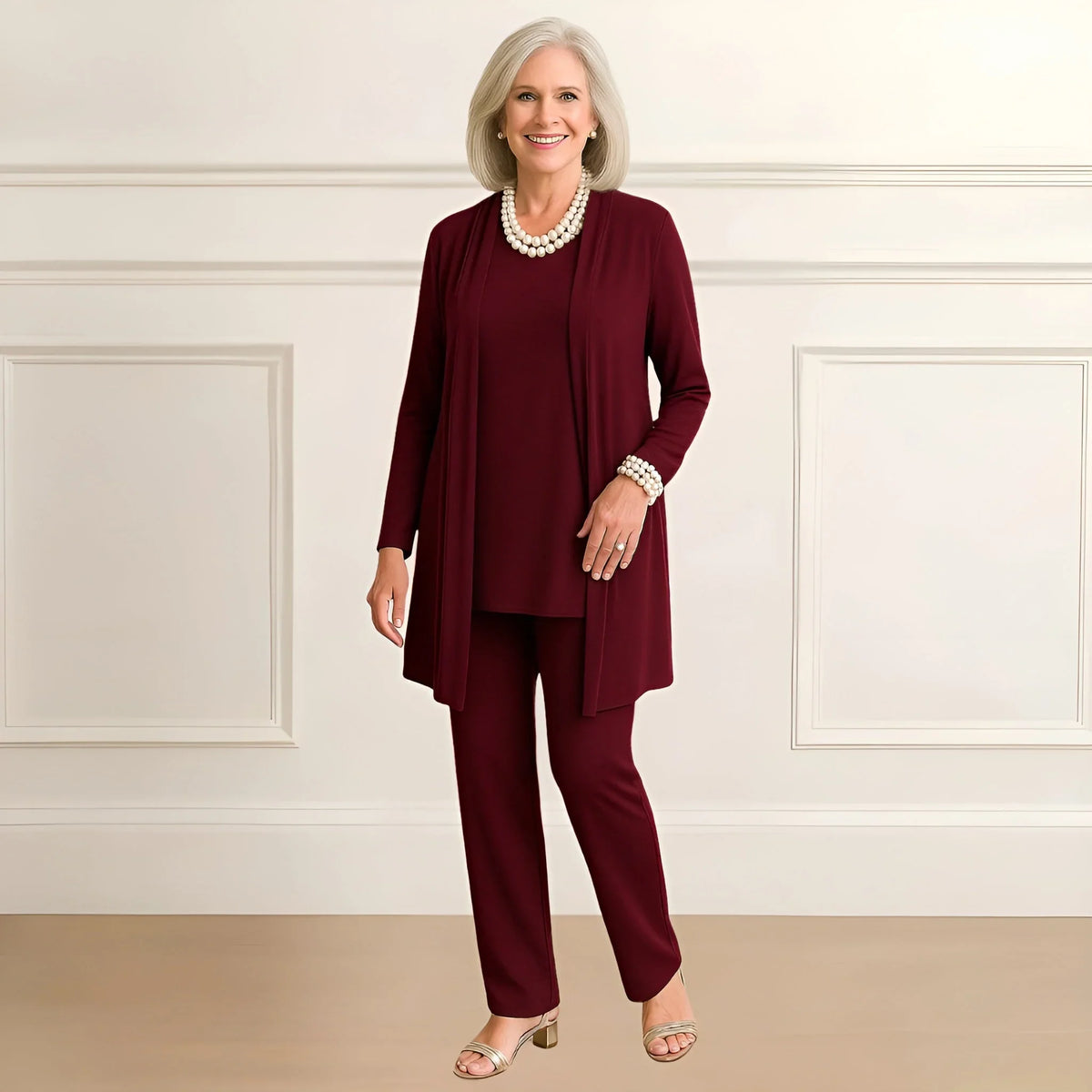 Women's knit long cardigan sweater and pants set with open-front style – Burgundy