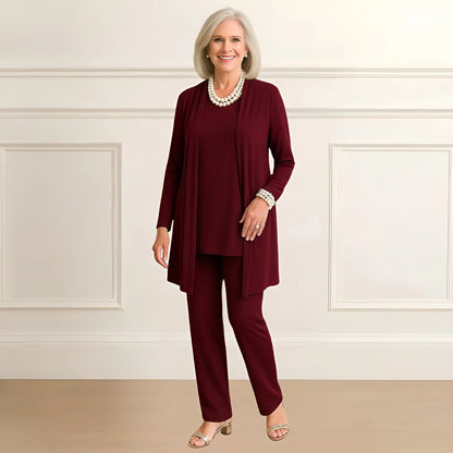 Women's knit long cardigan sweater and pants set with open-front style – Burgundy