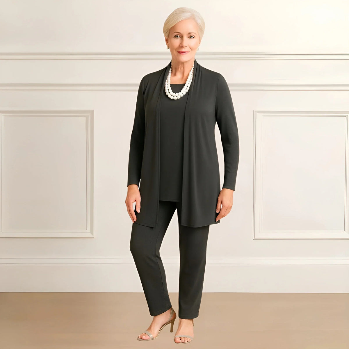 Women's knit long cardigan sweater and pants set with open-front style – Dark Grey