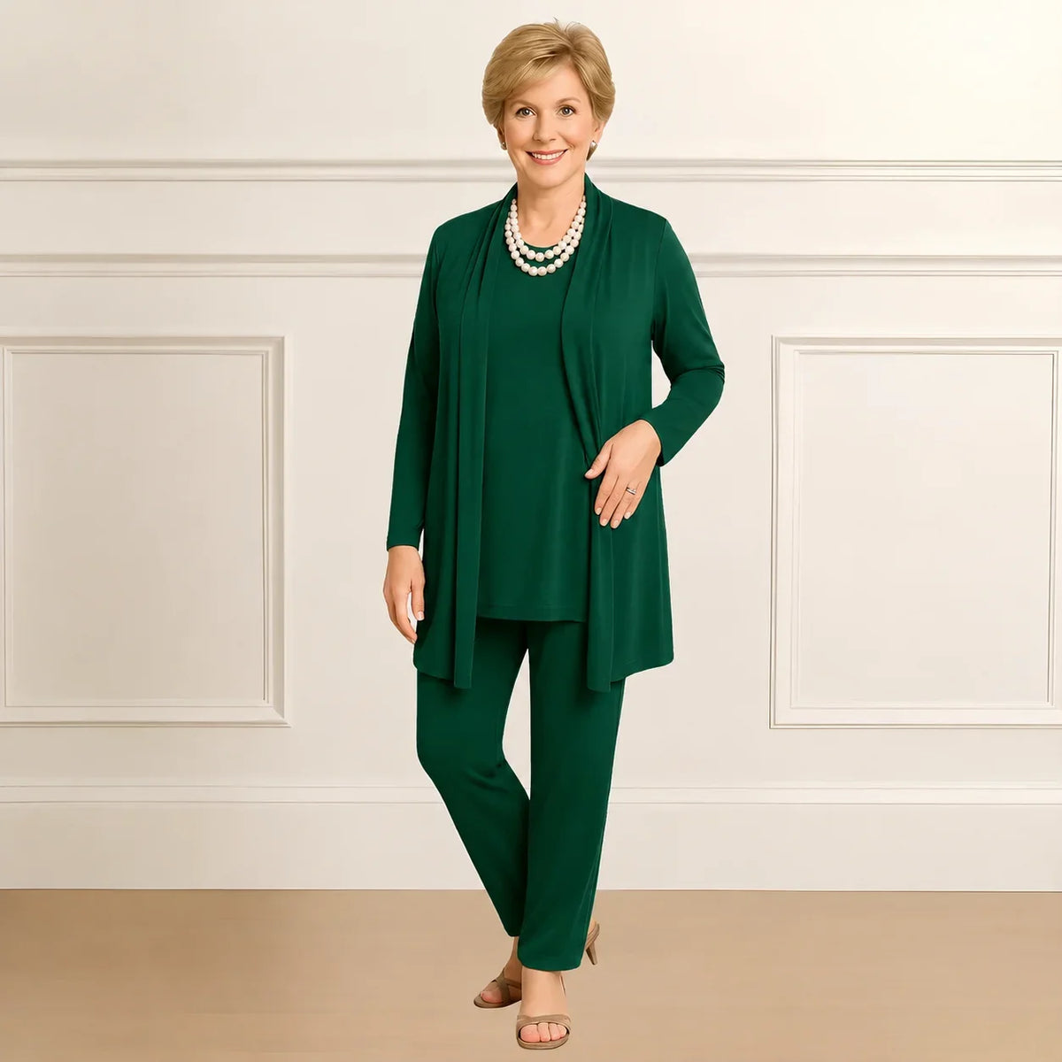 Women's knit long cardigan sweater and pants set with open-front style – Green