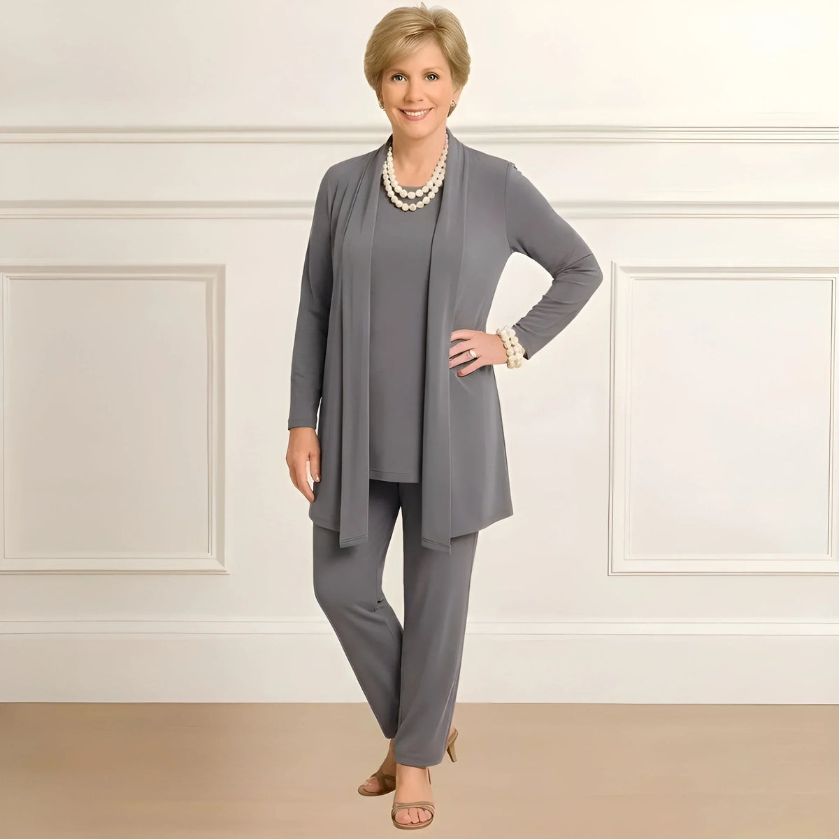 Women's knit long cardigan sweater and pants set with open-front style – Light Grey