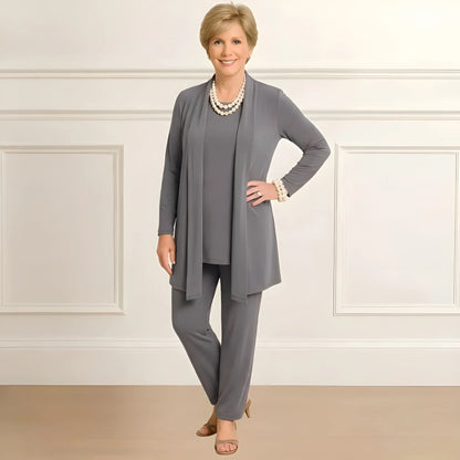Women's knit long cardigan sweater and pants set with open-front style – Light Grey