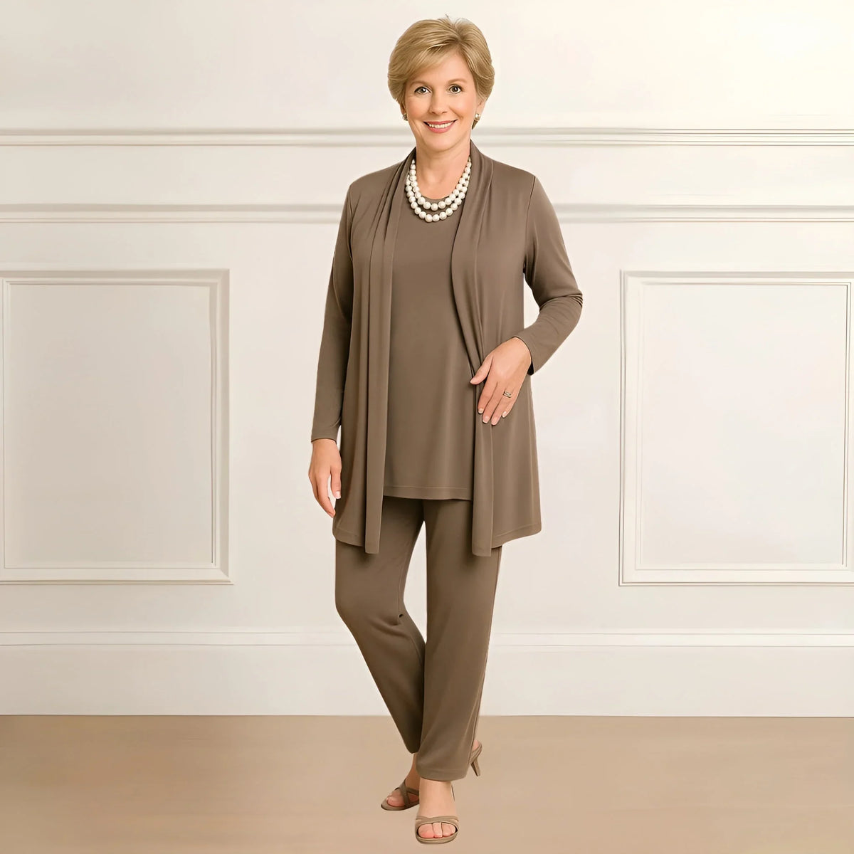 Women's knit long cardigan sweater and pants set with open-front style – Taupe Brown