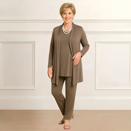 Women's knit long cardigan sweater and pants set with open-front style – Taupe Brown