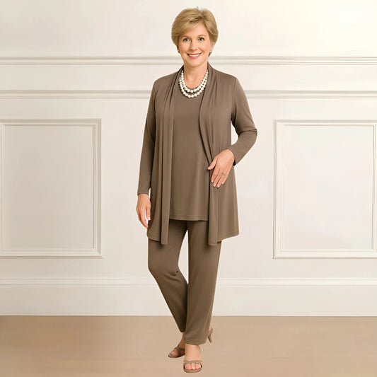 Women's knit long cardigan sweater and pants set with open-front style – Taupe Brown