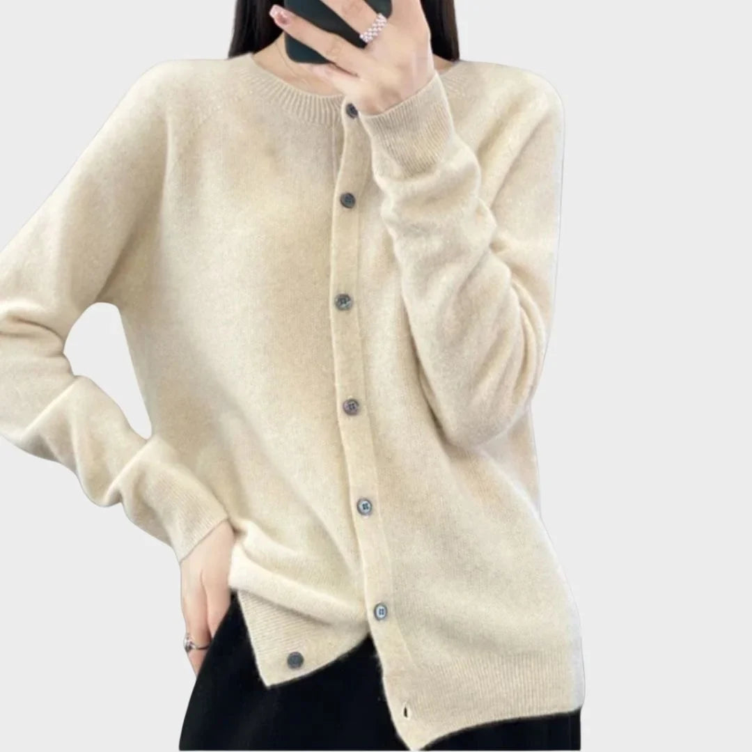 Women's knit long-sleeve cardigan sweater with crew-neck button closure – Beige